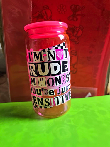 Pink clear glass - cup, lid